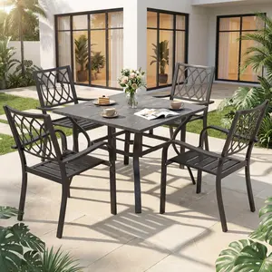 5‑Piece Outdoor Patio Dining Set, 4 Metal Chairs (350 lbs Capacity), 37.8" Square Wood‑Grain Metal Table w/ Umbrella Hole,Rustproof, Ergonomic Slat Design, 30‑Min Quick Assembly, Ideal for Garden