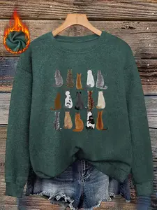 Cute Cat Collection Soft Faux Fur Round Neck Top, Graphic Multiple Cat Backprint Designs, Cozy and Comfortable, Loose Fit, Casual Style, Fall & Winter