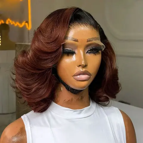 Ombre Ginger Colored Body Wave Bob Wig Pre Plucked 13x4 Lace Front Human Hair Wigs Reddish Brown with Dark Root Short Bob Remy Hair Wig with Baby Hair