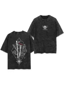 Zoro Sword Washed Shirt, Retro Nostalgic Washed T-shirt, 90s Anime Style Neutral Large Size Zoro Sword Washed Shirt, Summer Men's and Women's Fashion Trend Casual Loose Large Top Comfortable and Breathable Round Neck Pullover Short Sleeve Y2K