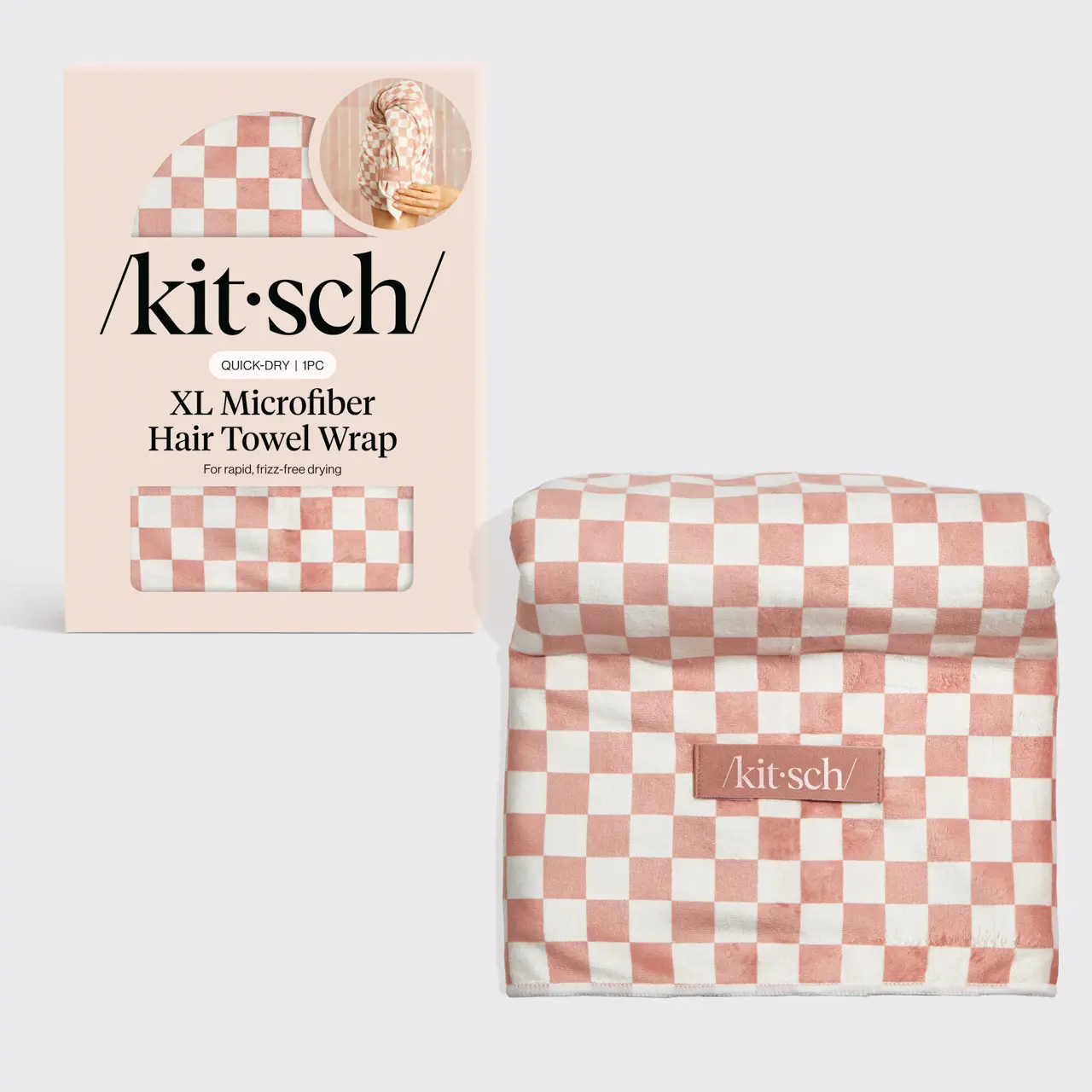 Kitsch XL Quick-Dry Hair Towel Wrap - Checker Microfiber with Strap Kitsch XL Quick-Dry Hair Towel Wrap - Checker Microfiber with Strap