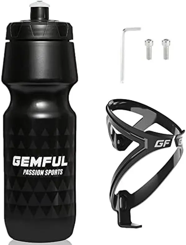 GEMFUL 24 oz Cycling Water Bottle and Cage Set BPA Free Bike Water Bottle Holder Combo Leak Proof Lightweight 750ml Fits MTB Mountain Road Bicycle (Black)