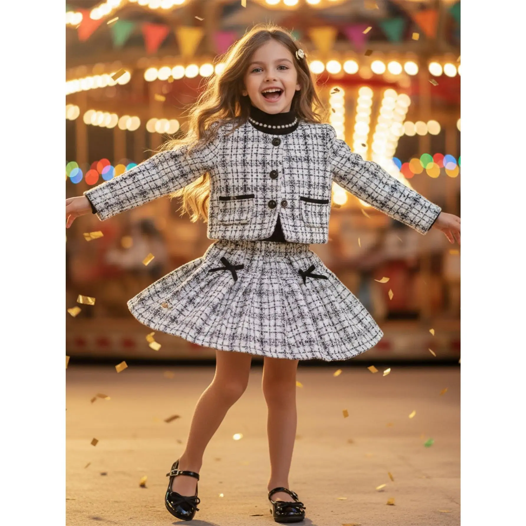 Adorable Girls Plaid 3-Piece Set - Pearl Collar Blouse, Cropped Jacket & Bow Skirt, Perfect for Parties, Photos & Holiday Celebrations