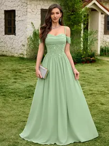 MIUSOL 55903A Sequin Floral Lace Off-Shoulder Ruched Chiffon Elegant Party Dress, Women's Formal Gown For Wedding Guests, Graduation, Evening Events