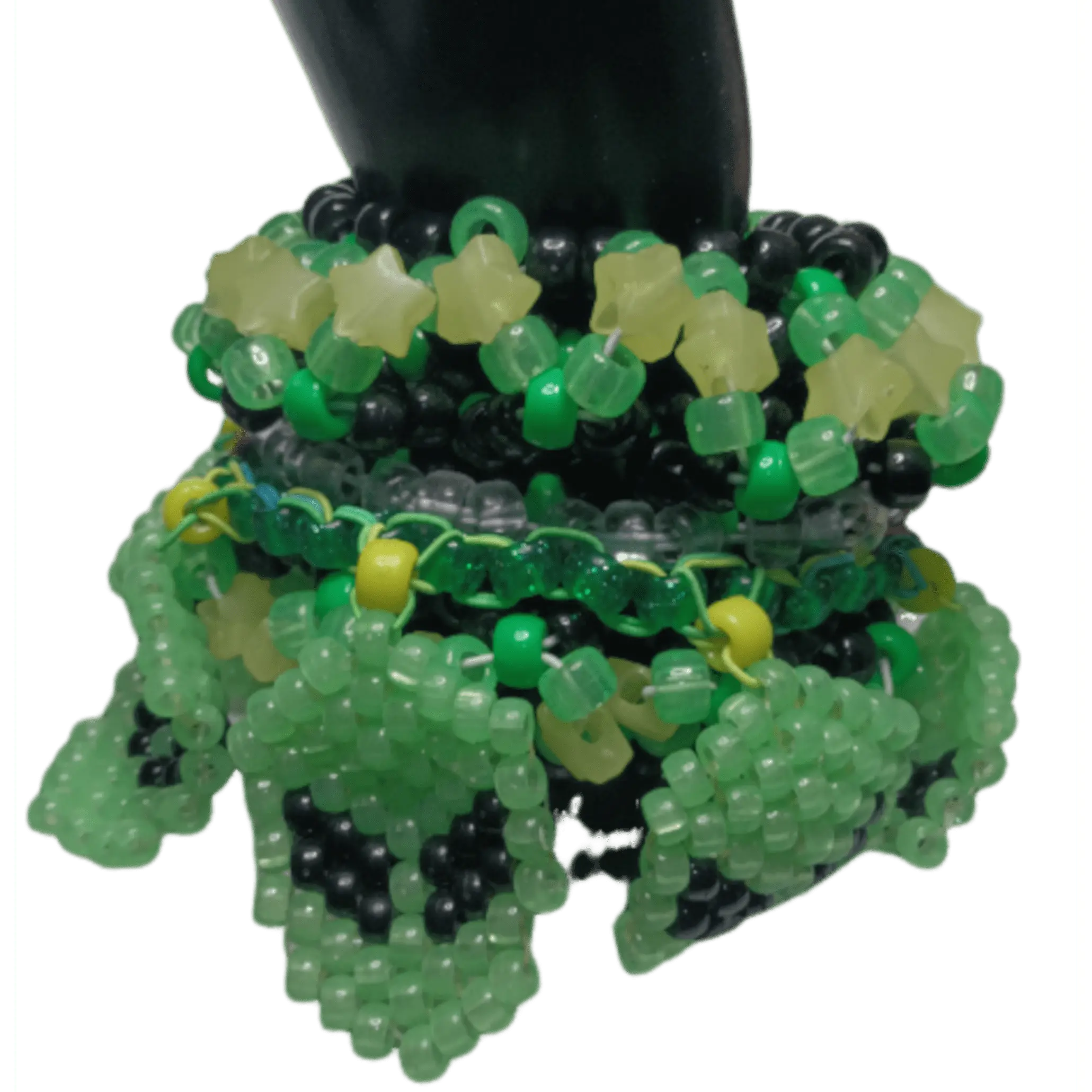 8 Green Glow-in-the-Dark Alien Faces Rotate Around this Green UFO Kandi Cuffs Handmade-tó-order
