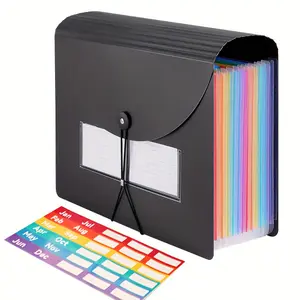 1 Black Expandable File Folder - Classic Style Accordion Desktop Organizer with Colorful Index Tabs, Durable PP Lid, A4/Letter Size - Perfect for Document and Bill Organization, Accordion File Organizer, Monthly Bill Organizer