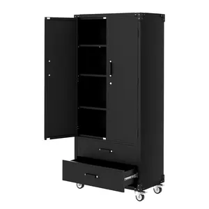 GARVEE 72" Metal Storage Cabinet with Wheels, Locking Doors & 2 Drawers,Heavy Duty Rolling Garage Organizer with 3 Adjustable Shelves for Home/Office/Workshop/Warehouse