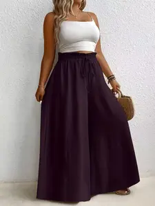2026 Summer New Ice Silk Texture Wide Leg Pants, Women High Waist Drawstring Slimming Lazy Casual Style Straight Leg Pants, Fashionable and Comfortable