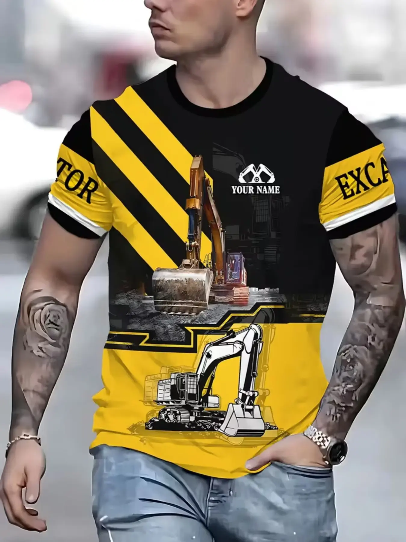 Men's Creative Patterned Casual T-Shirt, Full Print Excavator Streetwear Street Style, Block, Breathable Round Neck Short Sleeve, Casual Streetwear Top