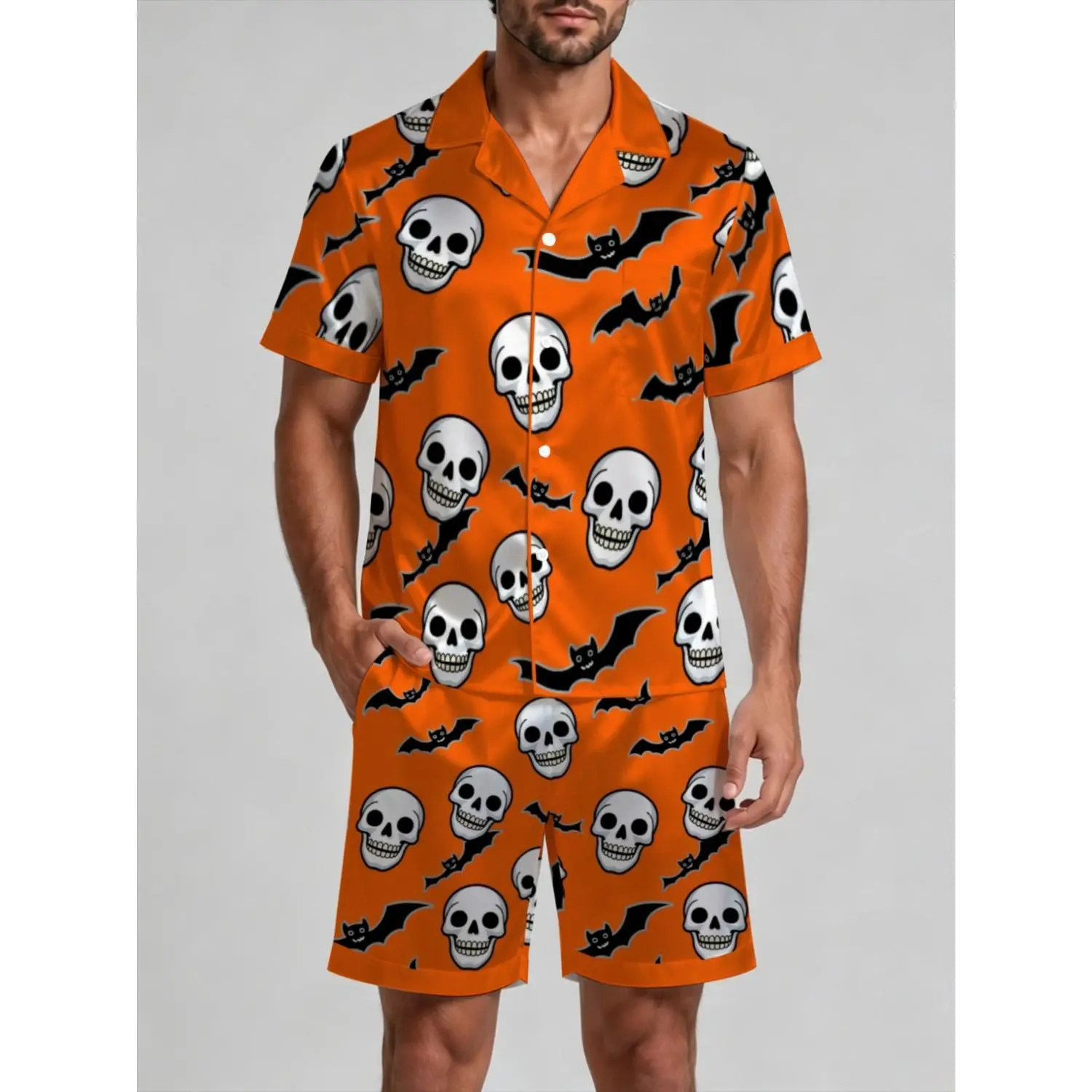 2-Piece Men's Orange Skull & Bat Print Short Sleeve Pajama Set - Lightweight & Comfortable Halloween Lounge Wear