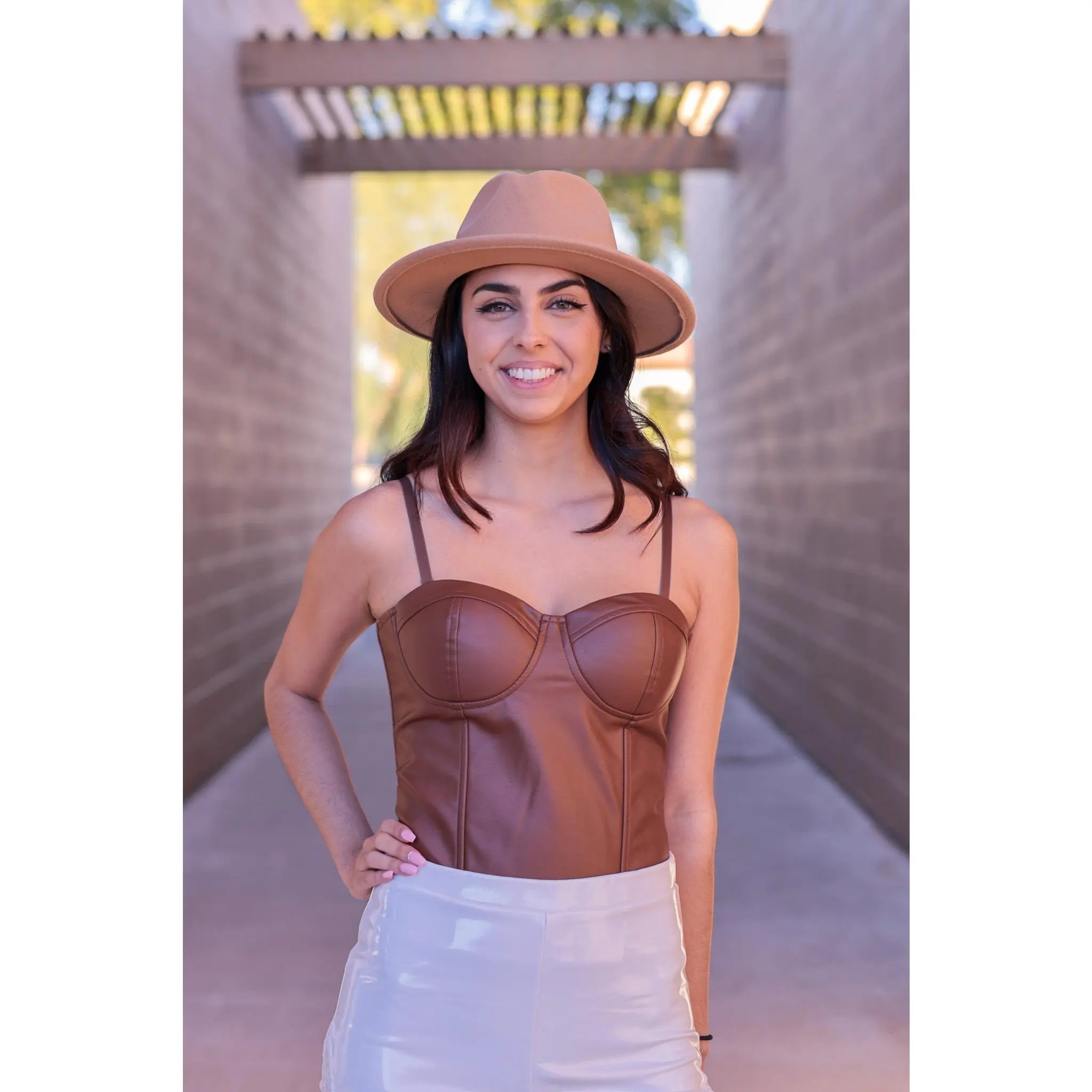 (M, L) Brown - Vegan Leather Bustier Bodysuit