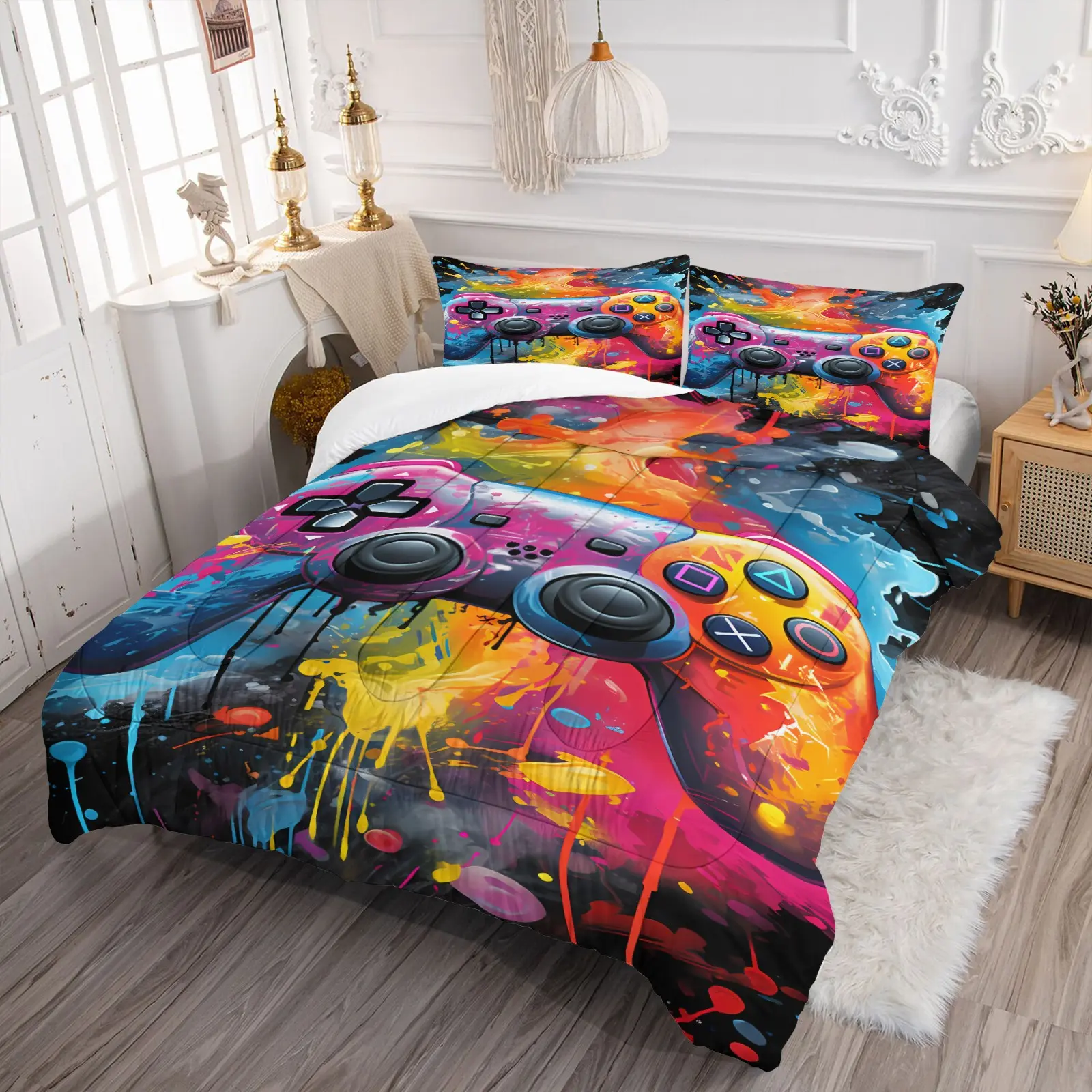 Whimsical Gaming Theme Quilted Comforter Set, Bold Graffiti-Style Game Controller Print, Soft Comfort Bedding for Teen Boys' Gaming Rooms & Playful Bedroom Decor, Comfy Bedding Set, Printed Bedding Set, 1 Quilt and 1-2 Pillowcase Without Cores