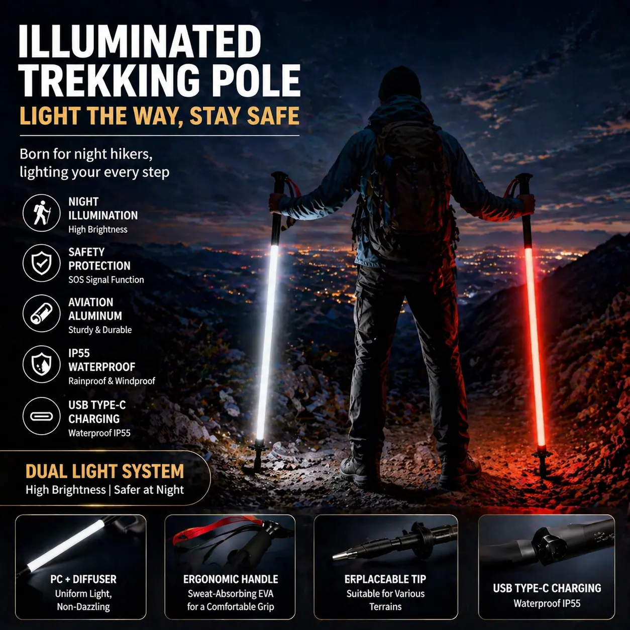 Laser Saber Style Trekking Poles - Non-Foldable Built-in LED Light Strip Hiking Sticks, Adjustable Waterproof Aircraft Aluminum with Anti-Slip Grip, Photo Ready for Night Hiking Camping Emergency Safety TikTok Shots
