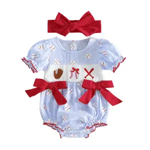 Babamoon Newborn Infant Baby Girls Summer Striped Romper Short Sleeve Round Neck Baseball Embroidery Bodysuit with Bow Headband 0-18 Months