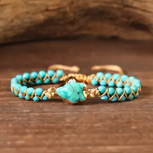 Natural Raw Turquoise Charm Blue Gemstone Double Braided 4mm Beads Healing Reiki Men Women Adjustable Bracelet Gift