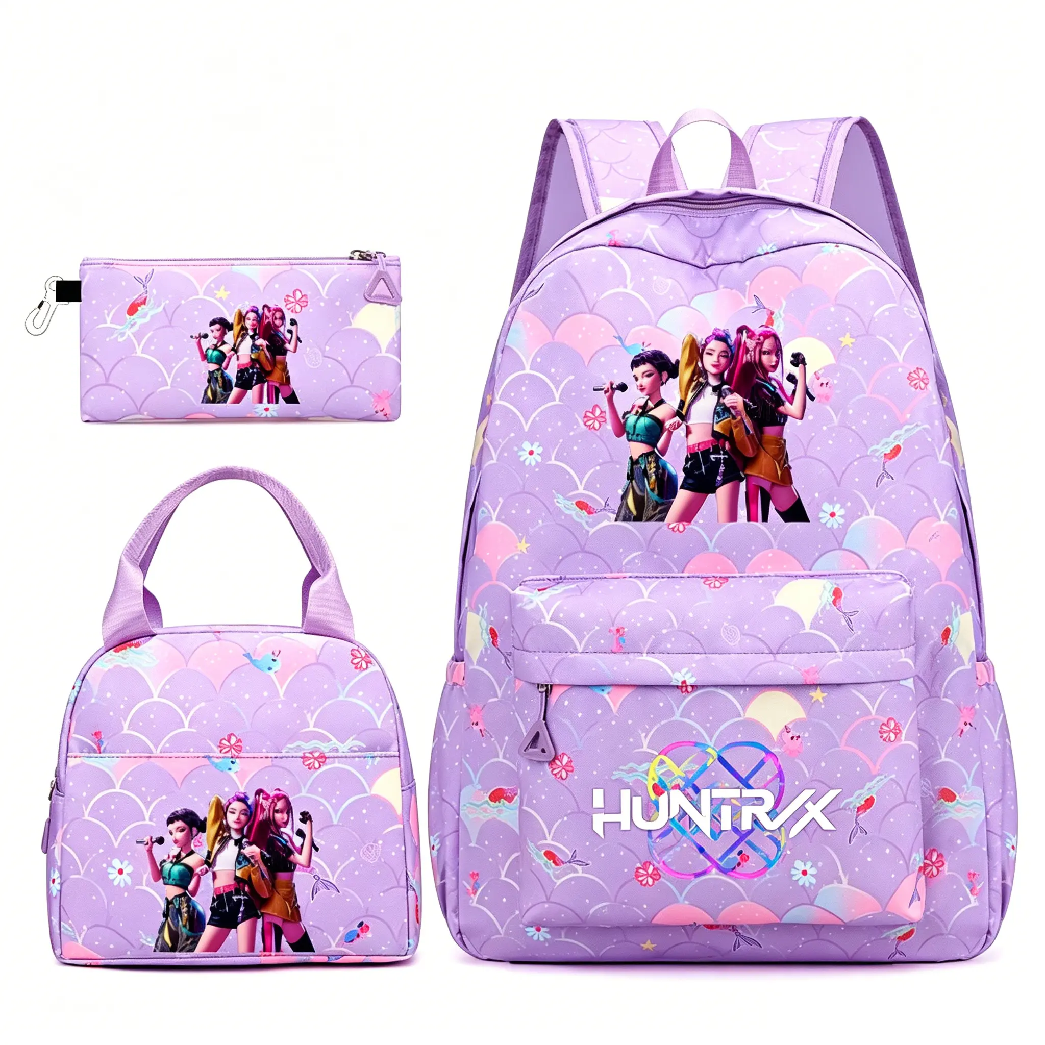 3-Piece K-Pop Backpack Set – Back-to-School Essentials (includes backpack, lunch bag, and pencil case); suitable for school and travel.
