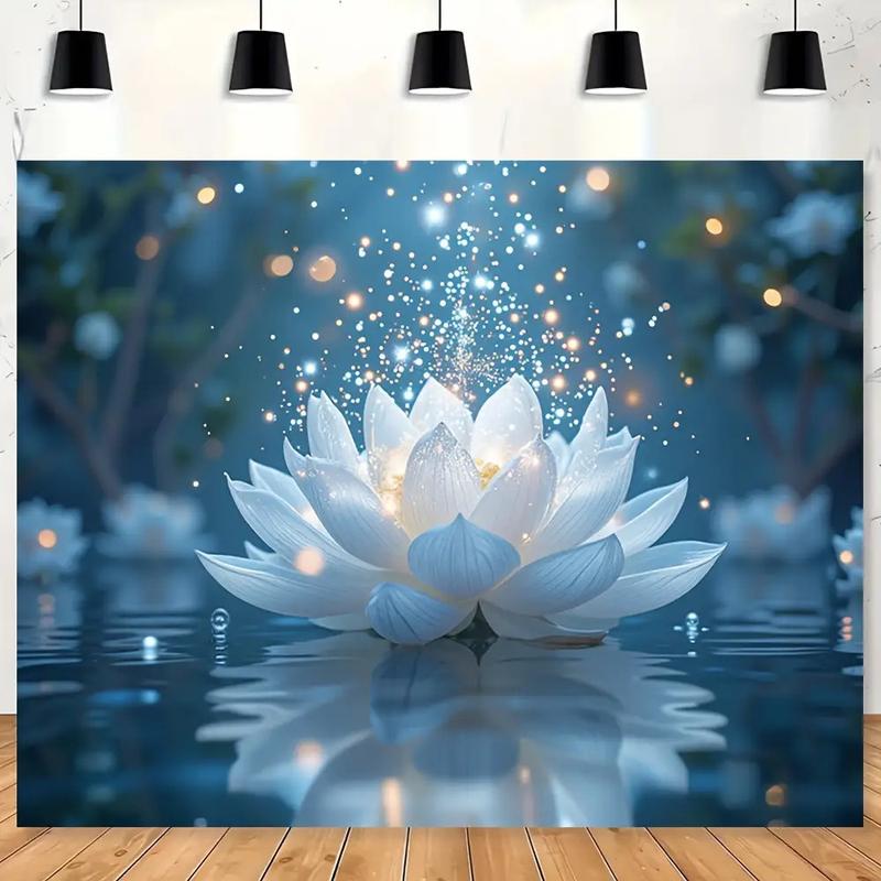 1pc Crystal Lotus Tapestry - Vibrant Blue & White Lotus Flower with Sparkling Lights, Polyester Wall Hanging for Living Room, Bedroom, Office Decor, Party Backdrop, Bedroom Decoration |     Serene Room Accent |     Detailed Petal Design, Lotus Flower Deco