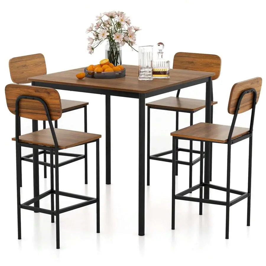 Industrial 5-Piece Square Counter Height Dining Set - 1 x Counter-Height MDF Board Table with Waterproof Top, 4 Sturdy Ergonomic Wood Grain Waterproof Bar Chairs, 1 X Counter-Height Table