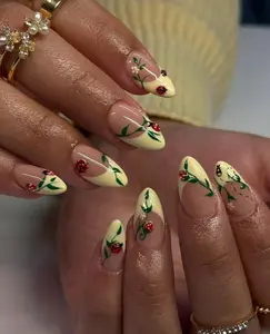 LADYBUG LEAF | Handmade Botanical Press On Nails | Cute Ladybug & Flower Fake Nails | Cottagecore Forest Aesthetic | Custom Painted Almond Set 2026