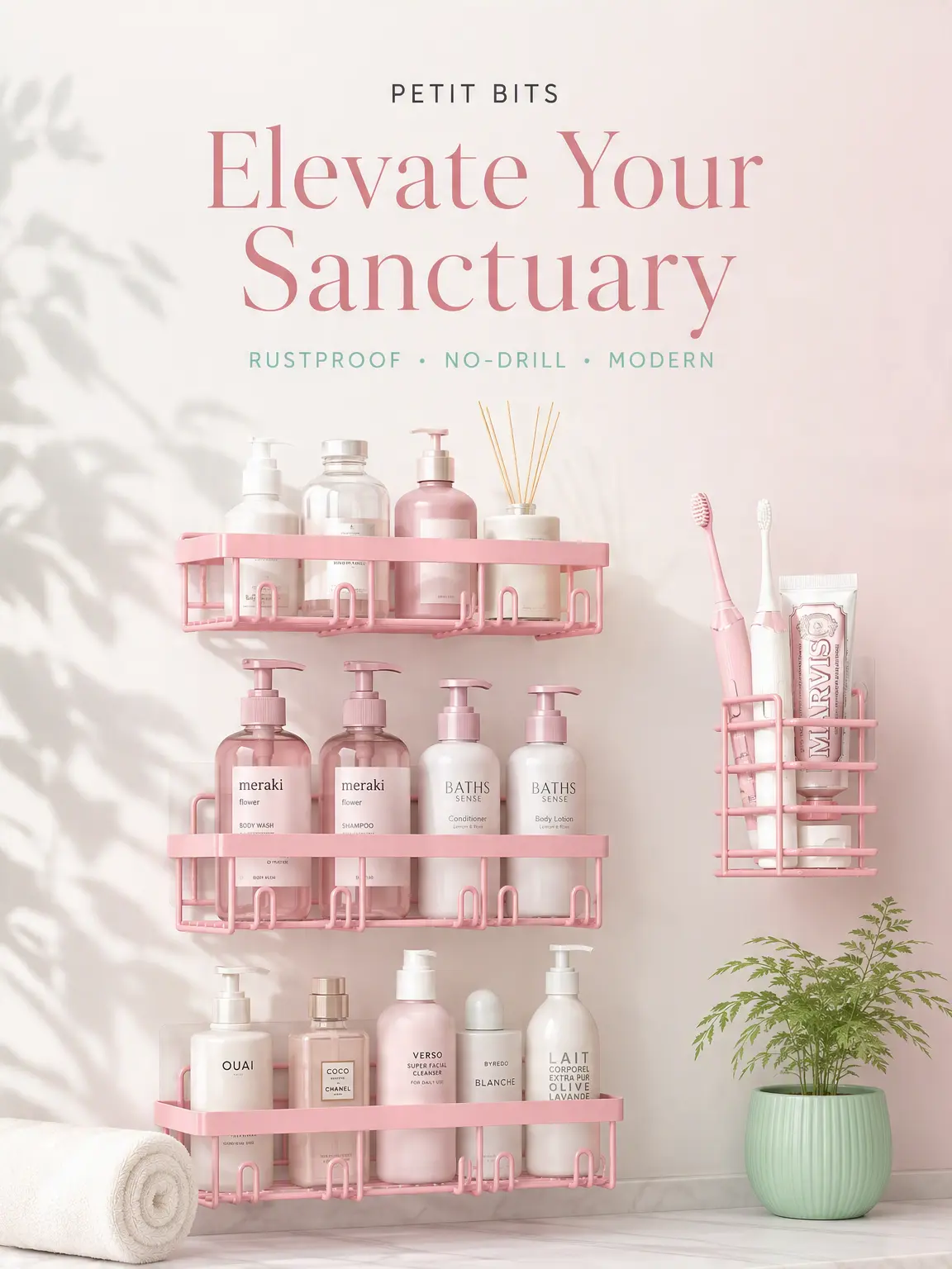 【Back to School】5-Piece Pink Shower Caddy Set – No Drill Strong Adhesive Rustproof Waterproof Wall Mount Bathroom Shelf Organizer | Floating Shelves Soap Rack Toothbrush Holder Storage | Aesthetic Bathroom Decor Renter Friendly Dorm Must Have Gift