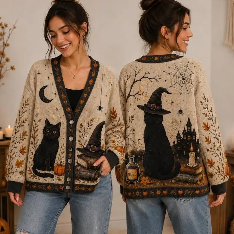 Black Cat Cardigan Sweater, Halloween Gift for Her, Fall Knit Sweater, Moon Floral Cardigan, Cozy Autumn Clothing, Witchy Cat Gift