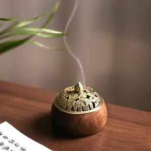 Summervibes Handcrafted Walnut Wood Incense Holder Vintage Brass Cloud Pattern Burner for Relaxing Vibes & Gifts Zen Black Walnut Incense Burner with Brass Lid Aromatherapy Holder for Meditation Yoga & Home Decor , Fragrance, Scented, Aromatic, Zen Aesthe