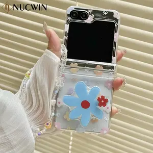 Hinge Protection 2in1 Cute Flower Holder Transparent Phone Case For Samsung Galaxy Z Flip 7 6 5 4 3 Wrist Chain Shockproof Cover
