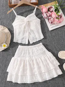 Girls' 2-Piece Set, Twist Design Crop Top & Cake Style Skirt, Fashionable Sweet Casual, Fashion Style Sets, Pure Color Ensemble