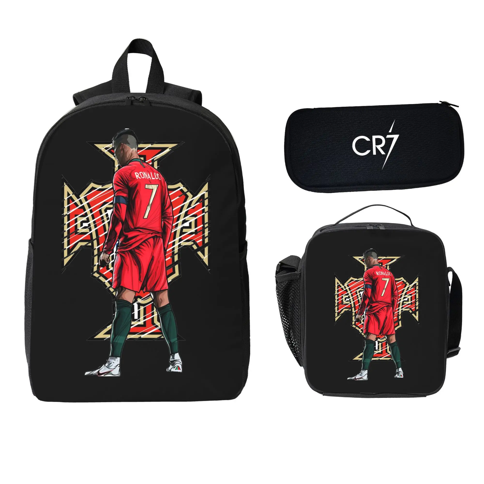 CR7 Football Player Backpack Set 3 PCS School Backpack Lunch Bag Pencil Case for Teens Students Sports Lovers Durable Large Capacity Convenient Portable