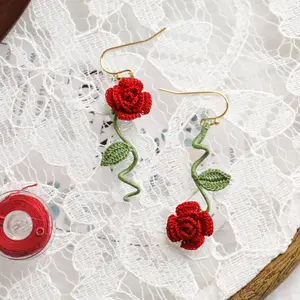 Handmade Micro Crochet Rose Earrings: 14K Gold Plated Dangle Jewelry Valentine's Day gift