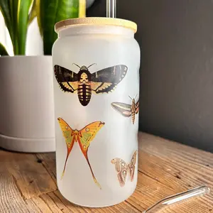 16 oz Moth Specimen Glass Cup with Lid and Straws