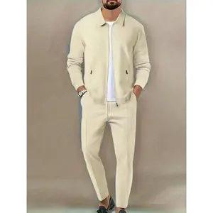 Men's Athleisure Waffle zipper long-sleeved jacket set Clothes Collar men's 2 piece set Suits Cotton Menswear Stretch