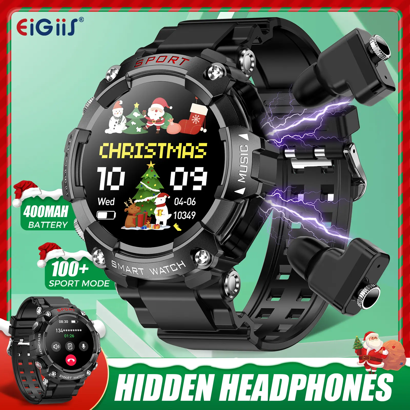 EIGIIS 2-in-1 Magnetic Metal Smart Watch with Wireless Earbuds for Men, 1.53'' HD Screen, Waterproof Sport Tracker, Call Function, Long Battery, Wireless Charging, Stable Connection, Android iOS Compatible Phone Accessory Gift, Music Player