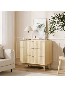 Gaomon Fluted Wood Nightstand - 3 Large Storage Drawers, Metal Handles, Bedside End Table for Bedroom, Living Room, Natural Oak