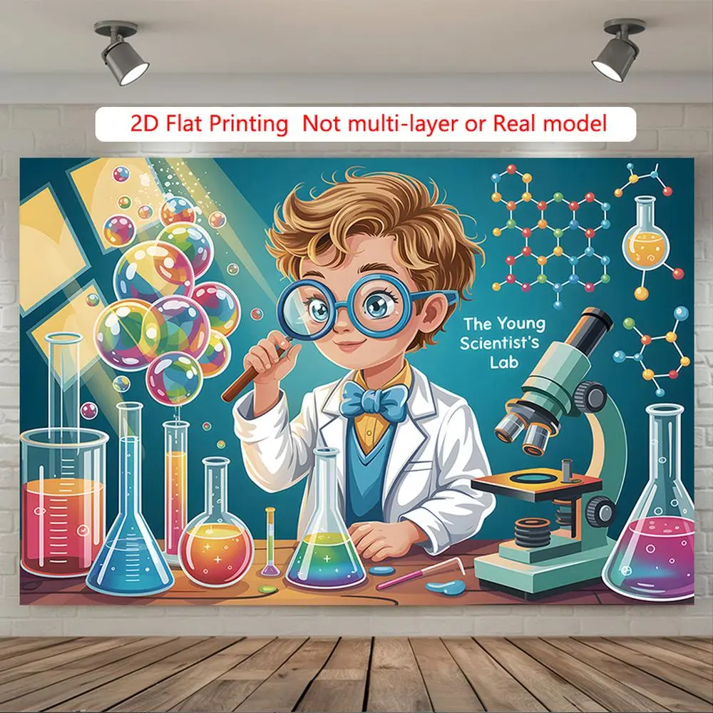 1PC Polyester 2D Flat Children's Science Experiment Door Banner - Cartoon Scientist Tapestry with Lab Elements, Hangable Backdrop Decor, Christmas Ceremony Party Supplies, Photoshoot Backdrop & Door Curtain