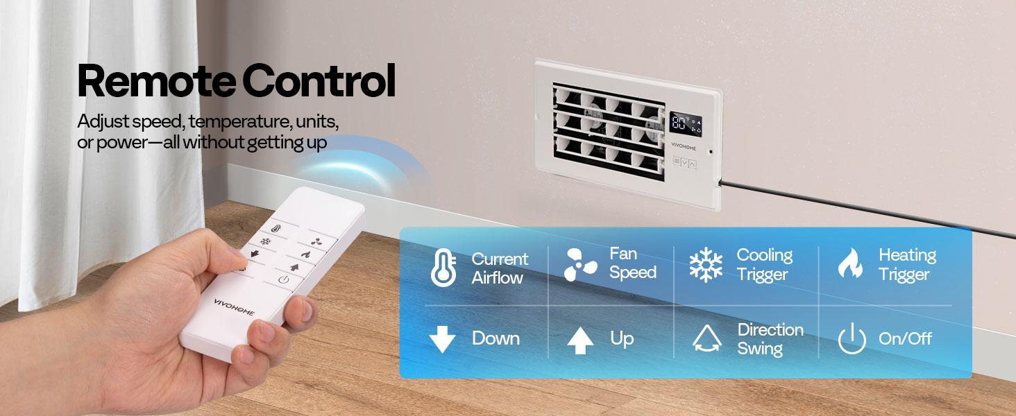 VIVOHOME Register Booster Fan with Adjustable Wind Direction Louver, Smart Intelligent Thermostat & 10-Speed Remote Control - Vent Cover for Room, Floor, Wall, Home Improvement for Weak AC Vent