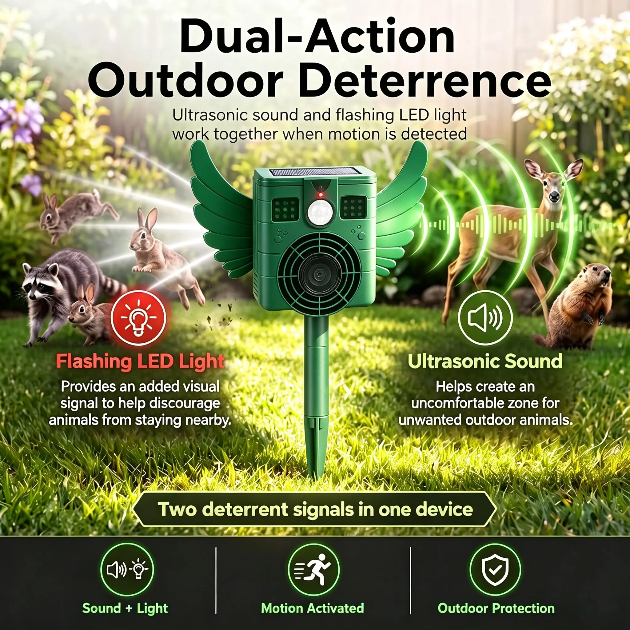 Solar-powered ultrasonic repellent device with motion detection and LED strobe light. It gently repels pests such as cats, squirrels, deer, raccoons, skunks, and foxes. Suitable for use in gardens, courtyards, lawns, farms, and orchards for protection.