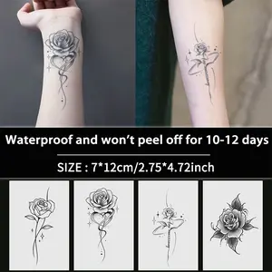 4 Beautiful Rose Herbal Temporary Tattoo Stickers, Waterproof Sweatproof Lasting 7-14 Days, Realistic Design for Chest Arm Thigh Shoulder, Minimalist Tattoo