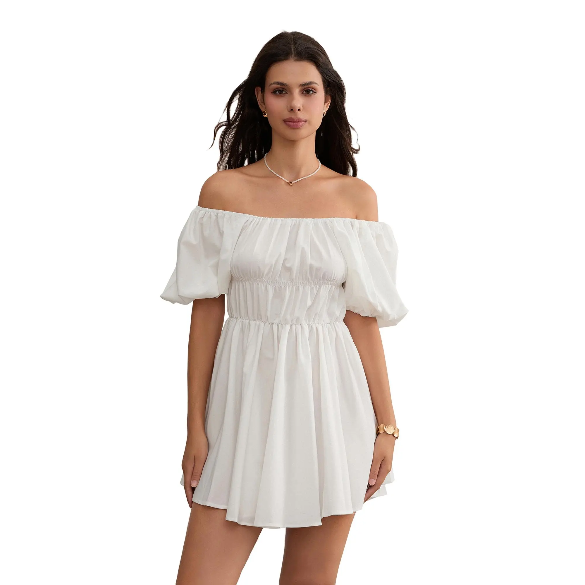 Women's Elegant Off-Shoulder Dress with Short Puff Sleeves, Casual Solid Color Polyester Tunic for Summer Parties, Lady, Polyester Fabric, Women's Clothes, Short Sleeves, Tunic Dress, Charming Look, Going Out, Above Knee Casual Dresses