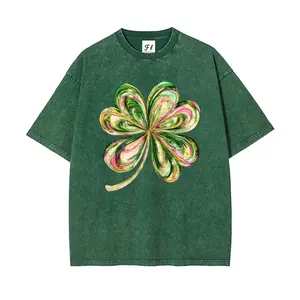 Men's Soft Oversized Round Neck Printed Retro Cotton Short-Sleeve Streetwear T-Shirt - Unisex Menswear, Shamrock Graphic, St. Patrick’s Day Washed Casual Everyday Tee