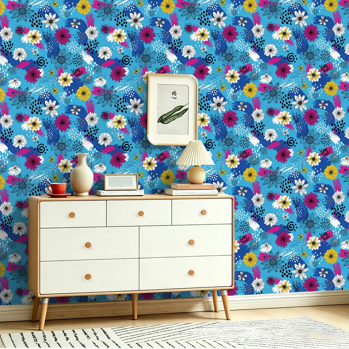 Seamless Peel-And-Stick Wallpaper, Graffiti Floral Print, 0.18mm Thick Self-Adhesive, Fade-Resistant, Ideal for Bathroom & Dorms