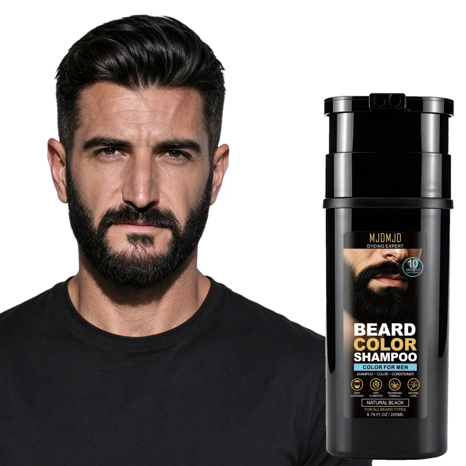 Men's Beard & Mustache Dye Shampoo, 10-Min Color, 100% Gray Coverage，Black Beard Dye & Color for Men, Gentle on Skin，No-Mix Formula,Natural-Looking Color, Quick Gray Touch-Up, 200ml
