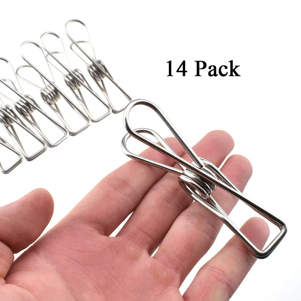Clothespins Chip Clips All Metal Stainless Steel No Rust Stains Strong Grip in Heavy Wind 3.4 Inch 14 Pack Extra Large Do Not Fall Apart Open Wide for Holding Clothes Snack Bag Clamps