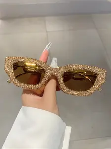 Women's Cat Eye Small Frame Rhinestone Decorated Chain Legs Design Fashion Glasses, Stylish Eyewear for Women, Trendy Accessory, Square Mirrored Shades