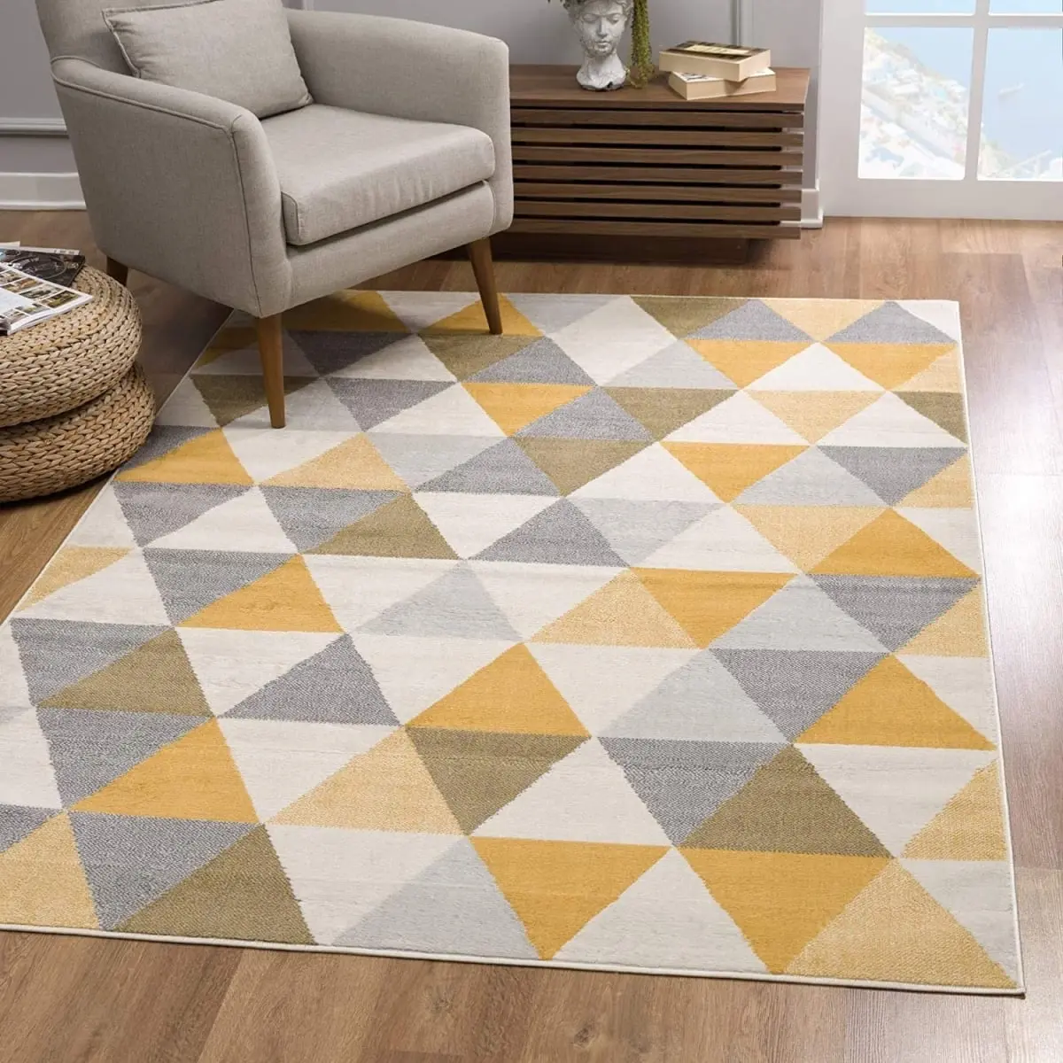 HomeRoots 393034 2x5 ft (2x5 in) Contemporary Decorative Geometric Indoor Home Decor Triangular Lattice Rectangle Rug, Yellow, Contemporary Decorative Rug, Geometric Area Rug