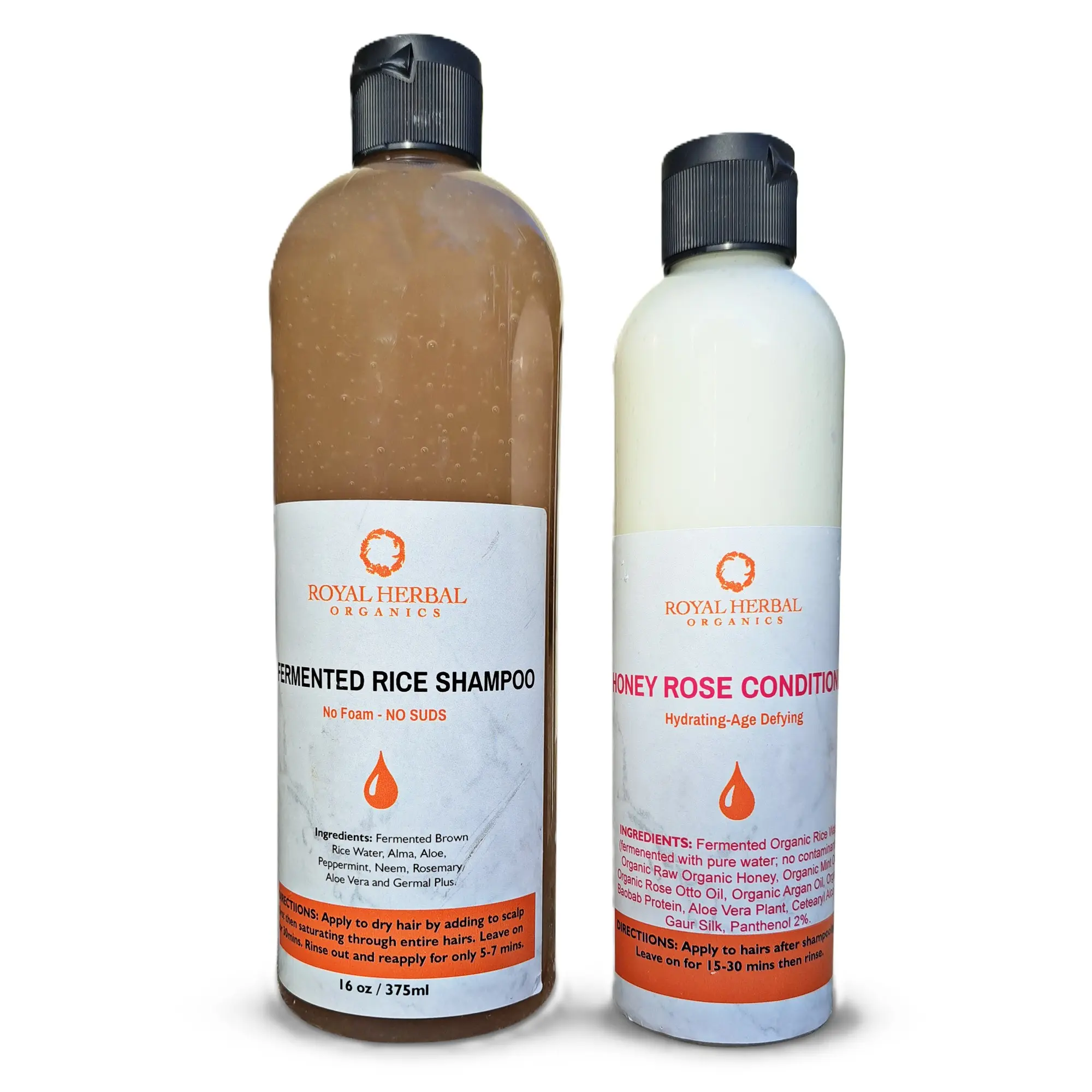 Royal Herbal Organics Fermented Rice Shampoo Mask & Honey Rose Conditioner Duo for Hard-to-Grow Hair - Sulfate-Free, Non-Sudsing, Organic Ingredients