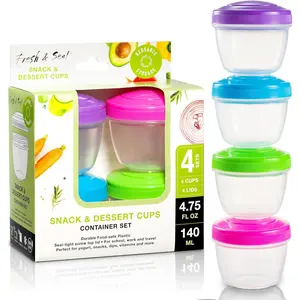 Snack Containers (4 Set) - 4.75 Oz Small  Storage Cups with  - Fruit, Nuts, Sauce, Condiments & Salad Container for Lunch Box -  Dessert Cups, Microwave & Freezer Friendly,