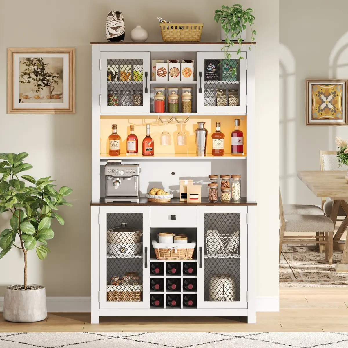 [Bellemave]70.9" Kitchen Pantry Storage Cabinet Rustic Buffet Cabinet, Kitchen Hutch Cabinet with LED Outlets Food Pantry Cabinet with Doors and Shelves Wine Rack for Dining Room, White