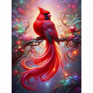 Vibrant Fantasy Red Cardinal Bird On Glowing Floral Branch Magical Sparkling Dreamy Background 5D Full Drill Round & Square Diamond Painting Kit Exotic Beautiful Bird Nature Art DIY Cross Stitch Mosaic Craft Home Living Room Bedroom Wall