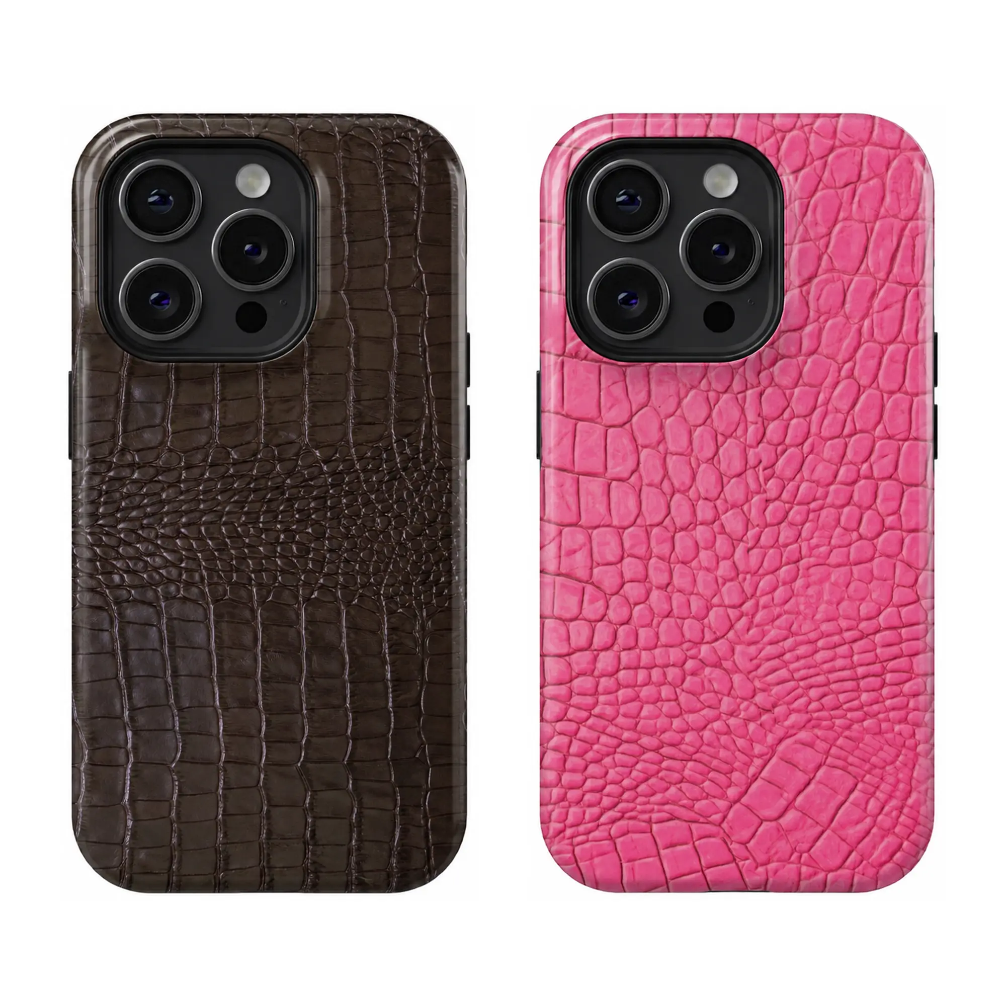 Croc-Embossed Phone Case for iPhone, Brown and Hot Pink Faux Leather Texture, Luxury Fashion Protective Cover			